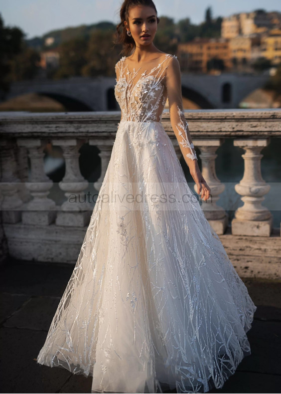 Ivory Lace Tulle Sparkly Sexy Wedding Dress